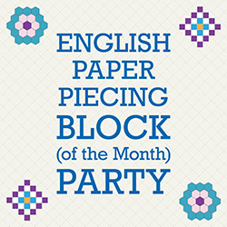 English Paper Piecing Block (of the Month) Party in blue on a white background