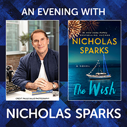 Picture of Nicholas Sparks sitting at desk next to The Wish book cover with picture of sailboat
