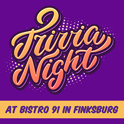 Yellow trivia night lettering over a purple background