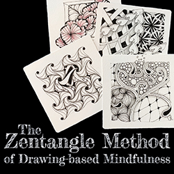 Various square zentangle drawings over a black background