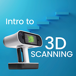 Handheld 3D scanner over a blue 3D background