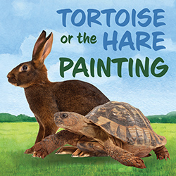 A brown hare and a tortoise in front of a blue and green watercolor landscape