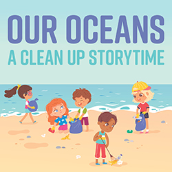 illustration of kids cleaning up the beach/ocean