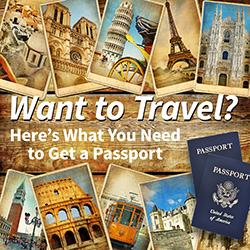Passports and photographs of world travel destinations.