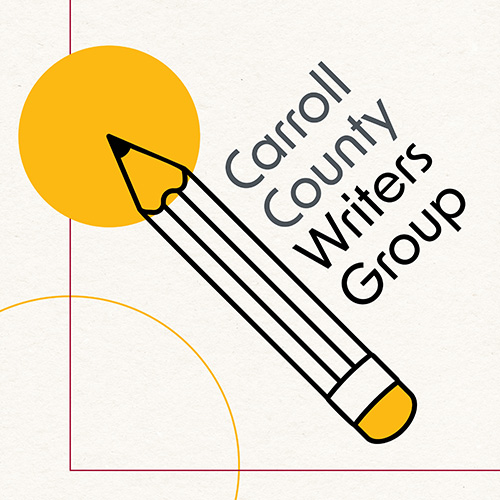 Line graphic image of a pencil with the point in a orange circle and the words Carroll County Writers Group