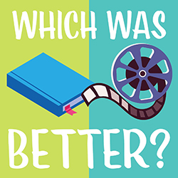 Illustration of a book next to a movie reel in shades of blue and green