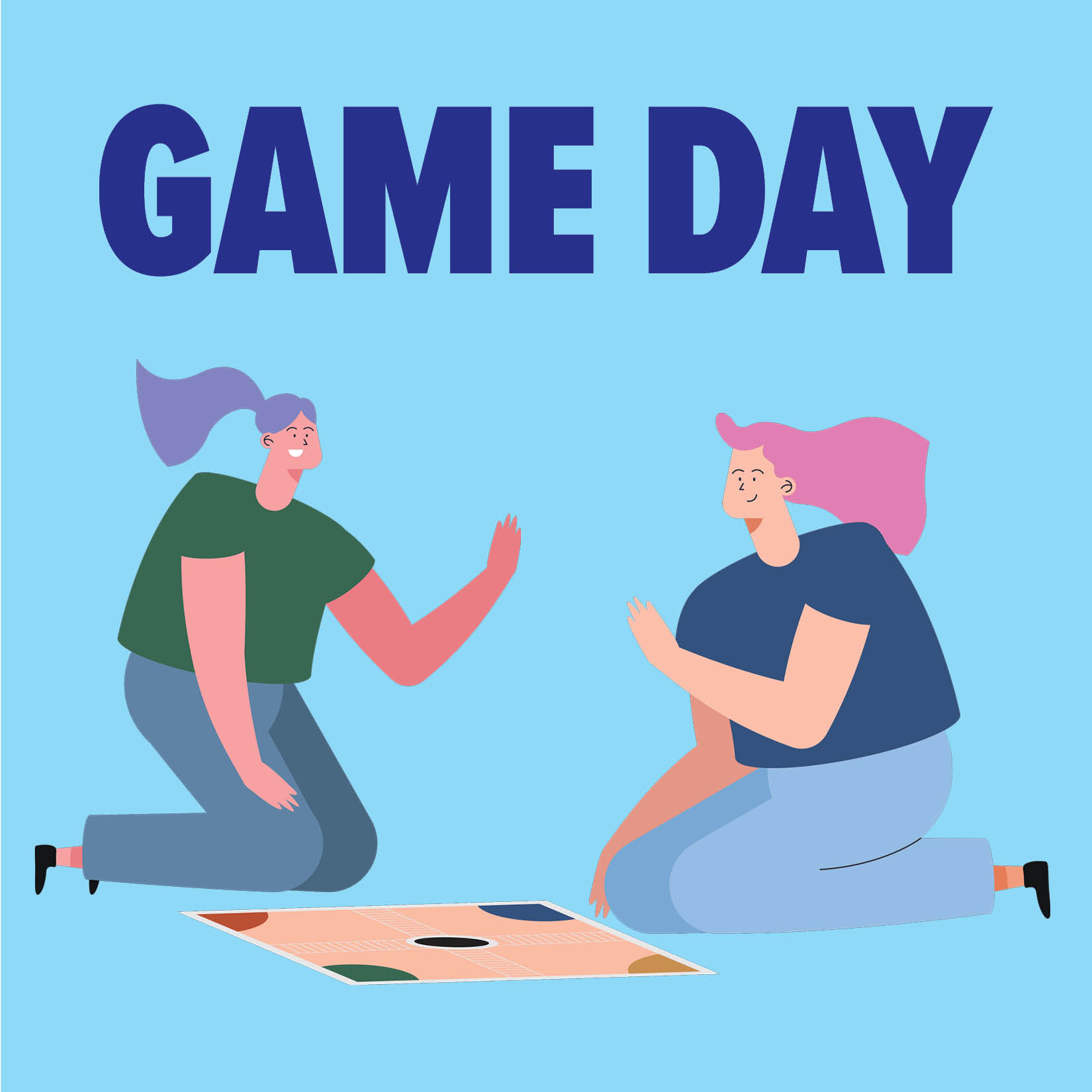Two cartoon women playing a game in front of a blue backgraound