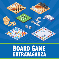 a variety of board games on a blue background