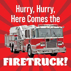 A red firetruck on a 2-tone red sunburst background