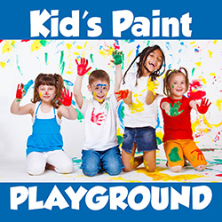 A group of kids with messy paint splotches on a paint spattered white background