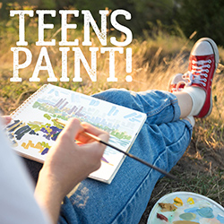 A teen sitting outside facing away from the viewer with a painting notebook