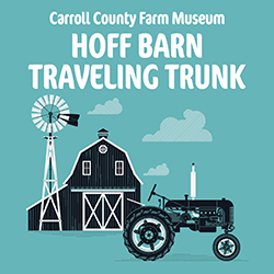 Black line illustration of a silo, barn, and tractor over a teal background