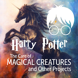 Harry Potter icon in front of a rearing black unicorn