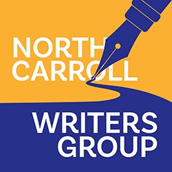 A blue pen over an orange background with white text - North Carroll Writers Group