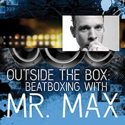 Publicity photo of Max Bent in front of a blue grungy image of audio speakers
