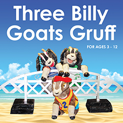 Three Billy Goat puppets in front of a blue background