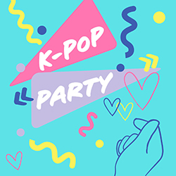 K-pop hearts and squiggly shapes in pink, lavender, blue, yellow, and teal