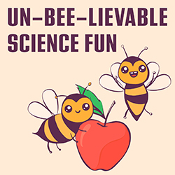 cartoon bees with an apple on a peach background
