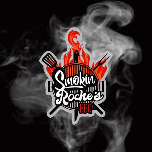 Logo with smoke and bbq graphics with text 'Smokin Roches'
