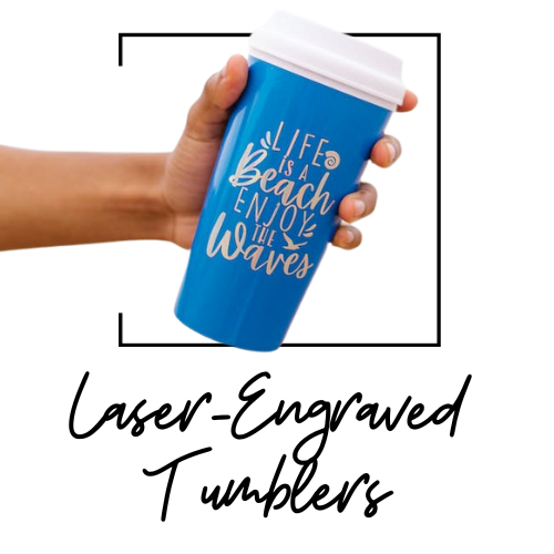 Hand holding blue tumbler with metallic lettering