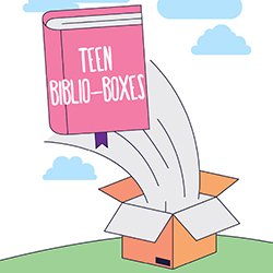an illustration of a pink book coming out of a box