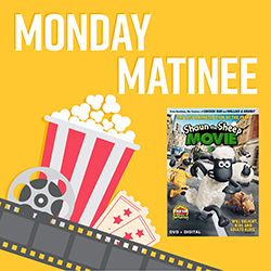 a bucket of popcorn with movie film and Shaun the Sheep Movie cover on a yellow background