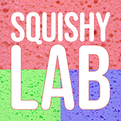 Squishy sponges in pink, green, and blue