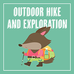 cartoon fox with hiking gear walking on a teal background