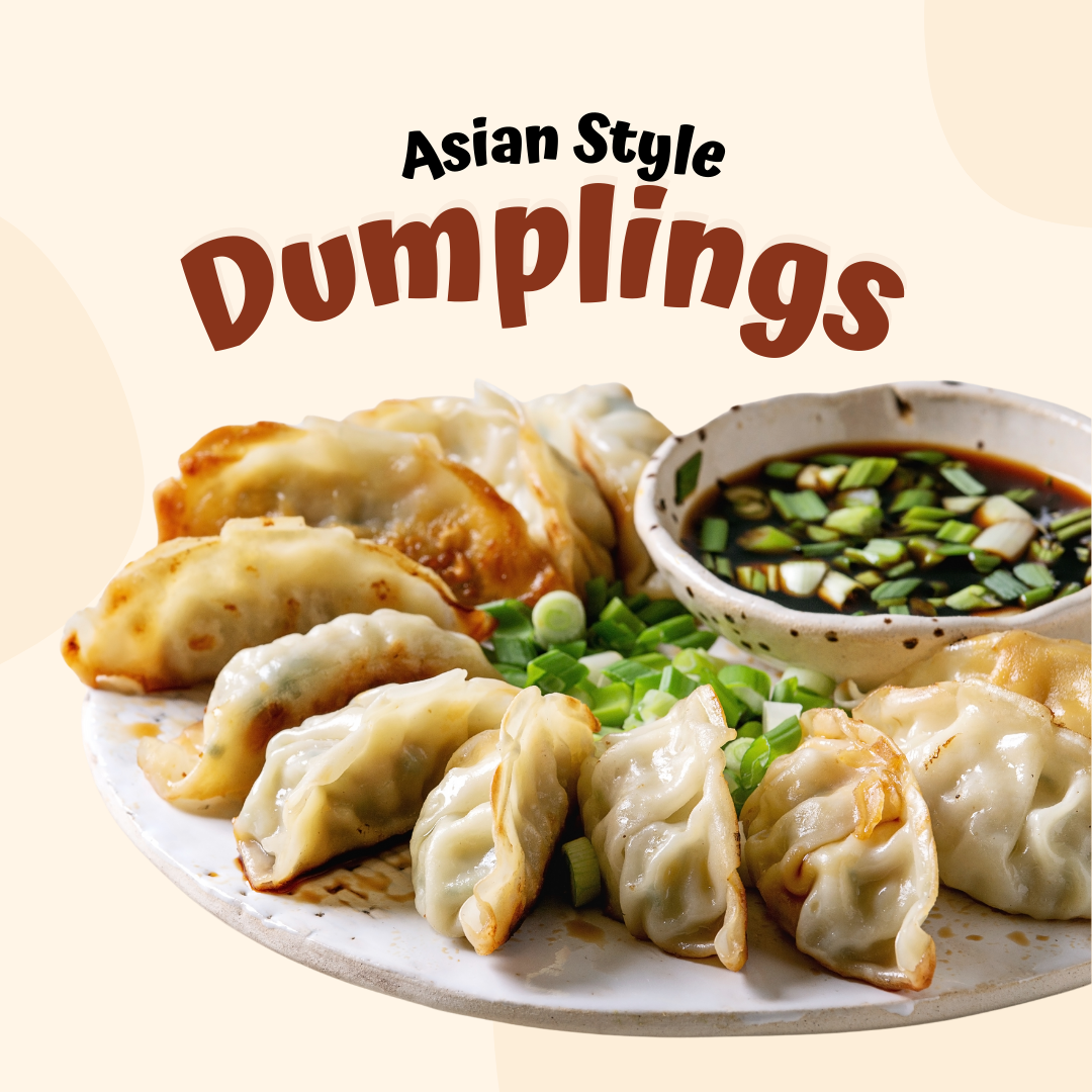 Asian dumplings with a side of sauce and green onion garnishes