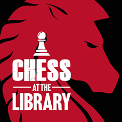 Close up illustration of a knight's head over a black background with the words chess at the library in white