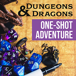 blue and purple multi-sided dice, Dungeons & Dragons figures, and a black marker on parchment