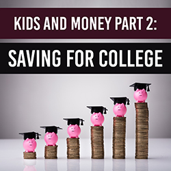 small piggy banks wearing graduation caps atop stacks of coins