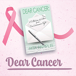 Image of the author's green book cover with an envelope, pen, and words dear cancer 