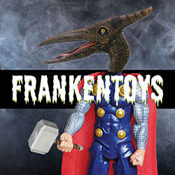 A mash-up of an action figure body holding a hammer and with a pteradactyl's head in front of a black, smoky, eerie background