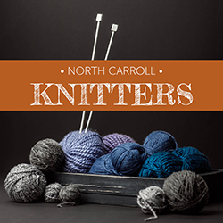 A group of yarn balls in shades of blue and light gray with a pair of knitting needles over a dark gray background with a rust colored banner and the words North Carroll Knitters in white
