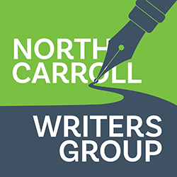 North Carroll Writers Group in white over a green background with a dark grey fountain pen icon and closeup ink trail