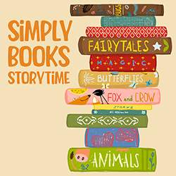 a colorful drawing of a stack of storytime books on a light orange background