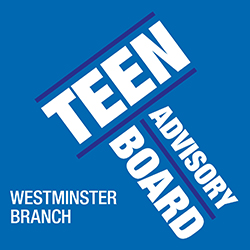 A blue background with the words Teen Advisory Board in white letters