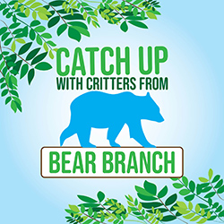 Blue silhouette of a bear over a blue gradient background with green leaves around the edges and the words Catch Up with Critters from Bear Branch