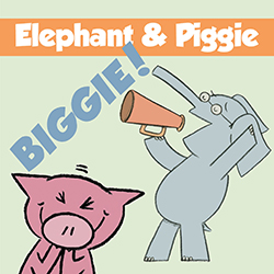 Elephant with a megaphone and Piggie laughing with her eyes closed