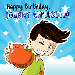 a cartoon kid holding a red apple in front of a blue background with a cloud