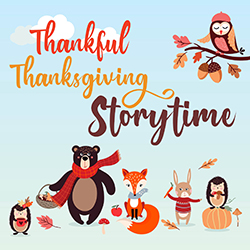 Illustration of thankful forest animals - owl, hedgehog, bear, fox, rabbit - with fall leaves and mushrooms