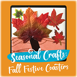 A craft coaster with fall leaves motif over a deep orange background