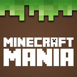 Green Minecraft blocks with brown background below and the words Minecraft Mania in white