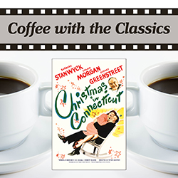 Christmas in Connecticut poster over cups of coffee on a white background