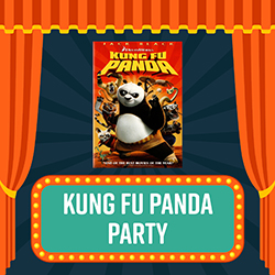 Kung Fu Panda cover on a dark blue background surounded by yellow and orange curtain