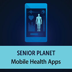 Mobile phone health app with statistics and heartbeat on a blue background