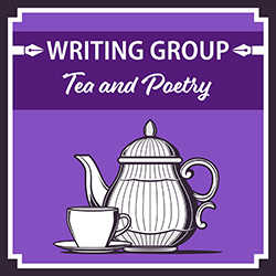 drawing of a tea pot and tea cup on an purple background