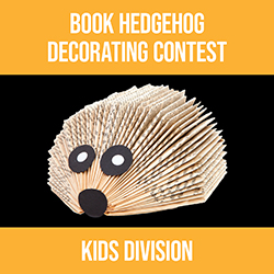 a hedgehog made out of a book on a black ground with white text on a yellow background