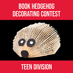 a hedgehog made out of a book on a black ground with white text on a red background